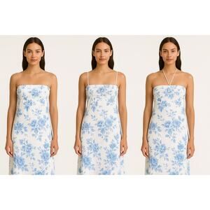 Womens Strapless Blue Floral Maxi Dress Convertible Halter Criss Cross Back
